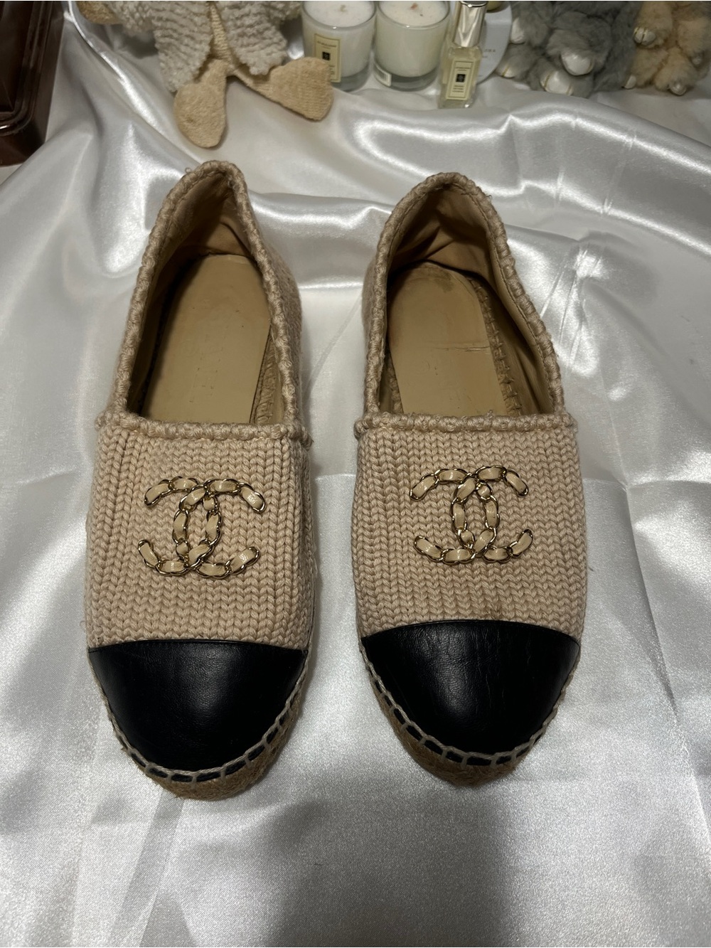 CHANEL Beige Knit Espadrilles with Black Cap Toe and Gold CC Logo